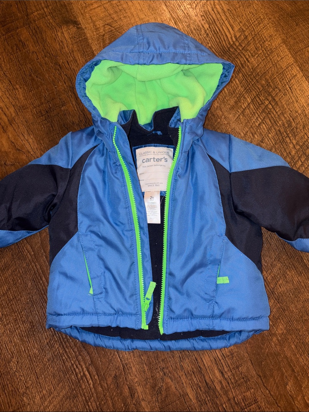 Carter's Blue & Lime Toddler Hooded Winter Jacket Size 2T
